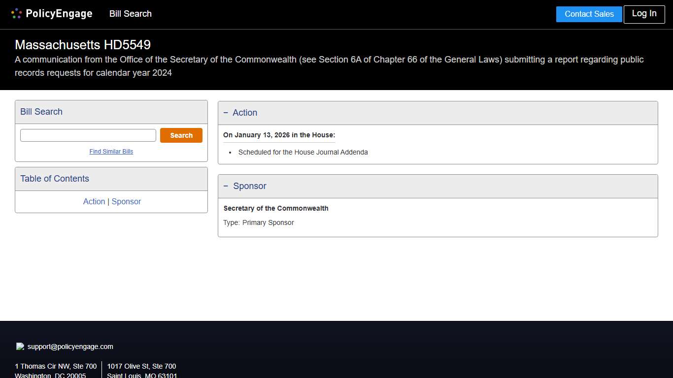 HD5549 Massachusetts 2025-2026 A communication from the Office of the Secretary of the Commonwealth (see Section 6A of Chapter 66 of the General Laws) submitting a report regarding public records requests for calendar year 2024 - Legislative Tracking PolicyEngage