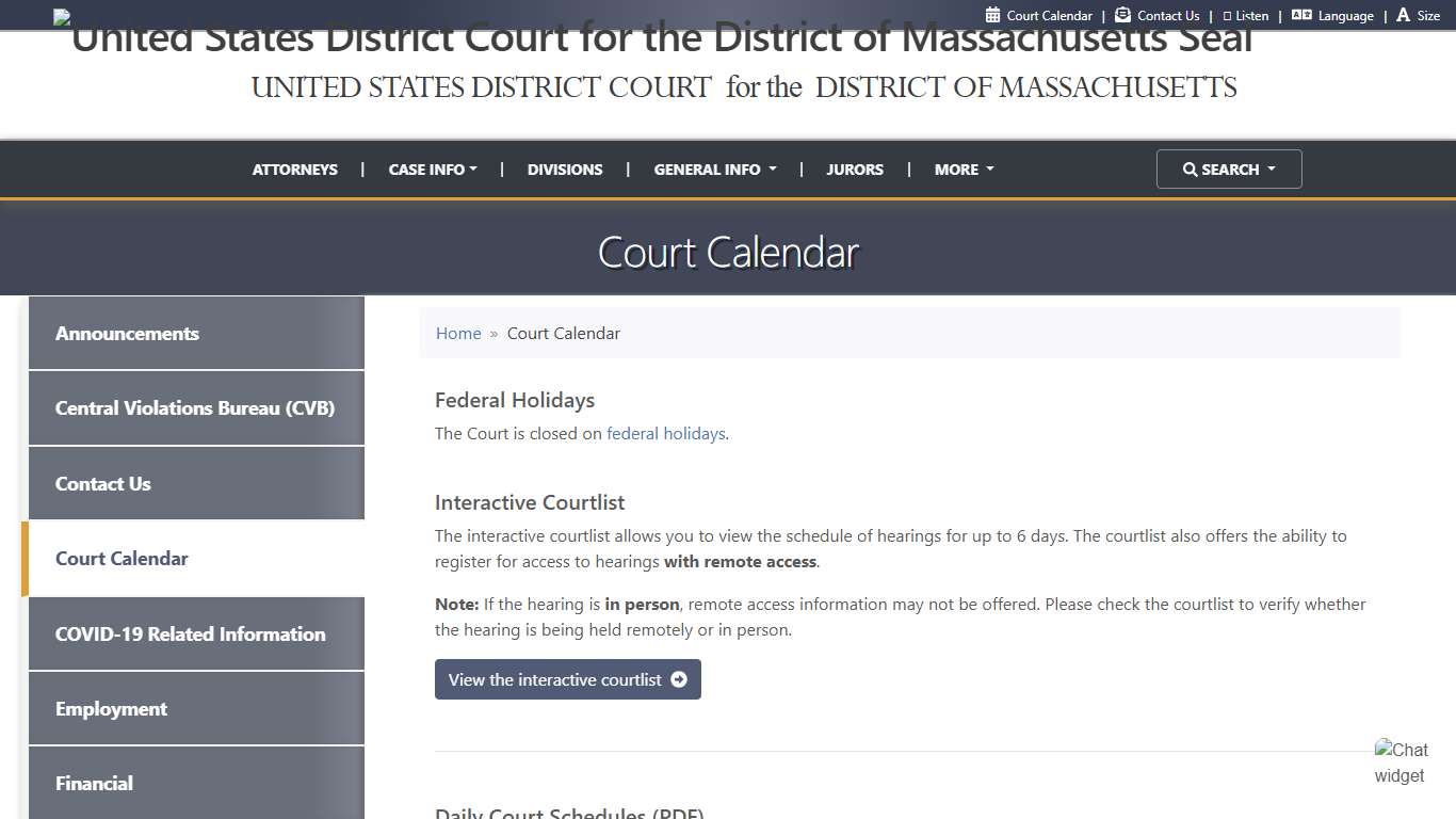 Court Calendar United States District Court for the District of Massachusetts